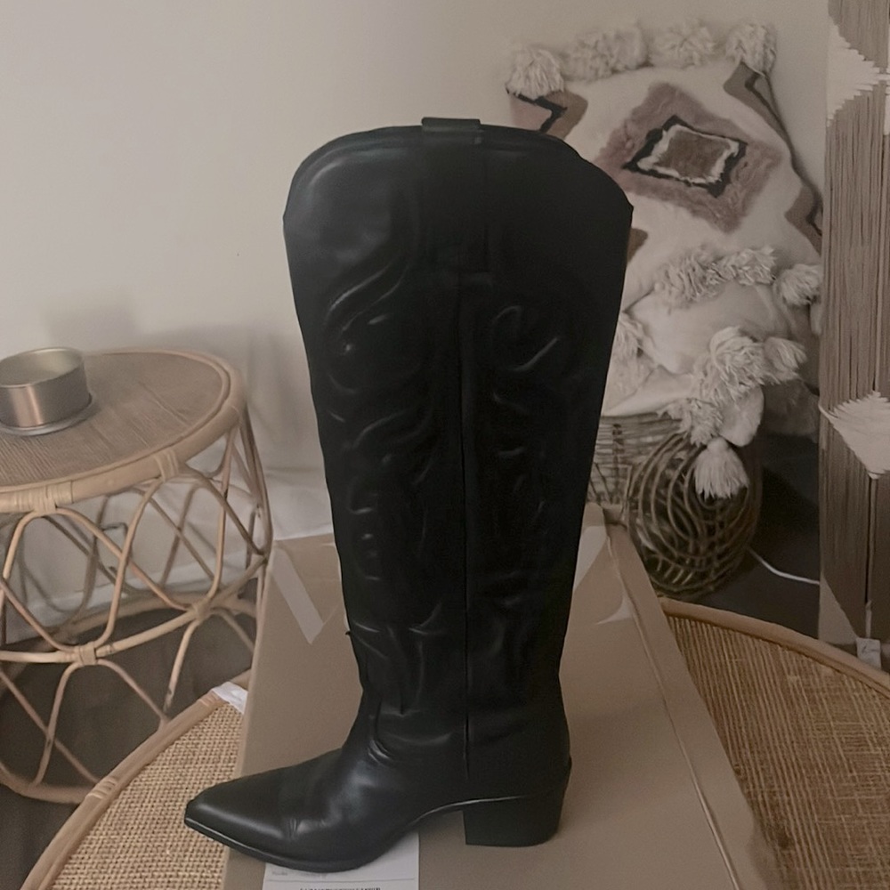 Zara black knee high cowboy boots. Worn once.